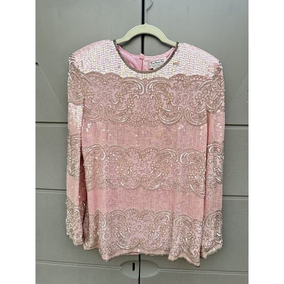 Vintage Talbots Joan Leslie Womens Pink All Over Sequin Beaded Silk Blouse Sz L - Picture 1 of 9